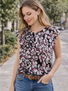 LOFT Black Floral Ruffle Cap-Sleeve Blouse with Pink Accents